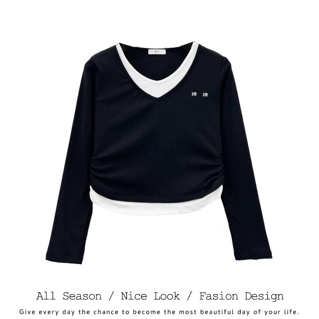 833  小众设计感V领假两件长袖t恤女休闲时尚打底衫上衣#7176