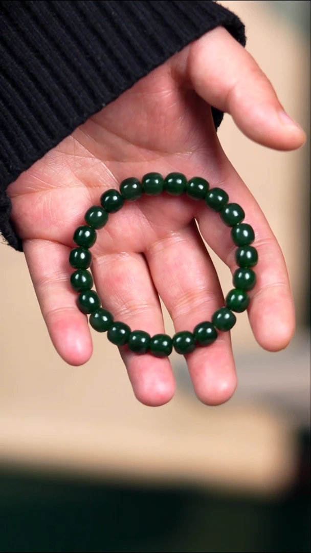 未镶嵌手链和田玉长**起9mm戈壁碧玉带红皮点