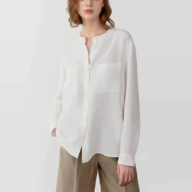 1589禾2025春夏季新款真丝双宫绸长袖衬衫 宽松休闲棉料上衣立领