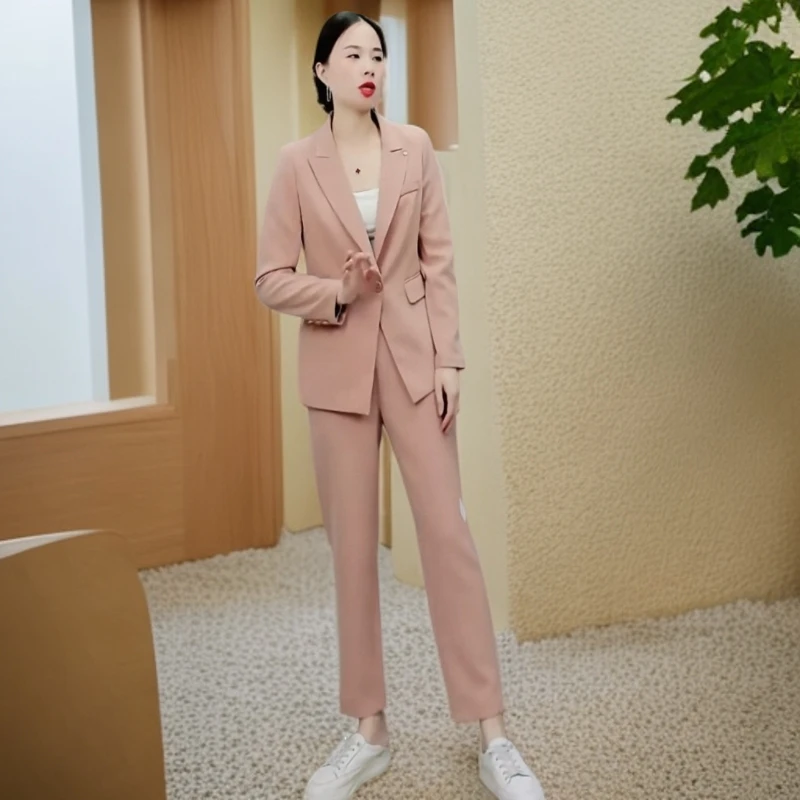 T1232粉色气质西服套装女春秋装适合ol通勤时尚轻奢