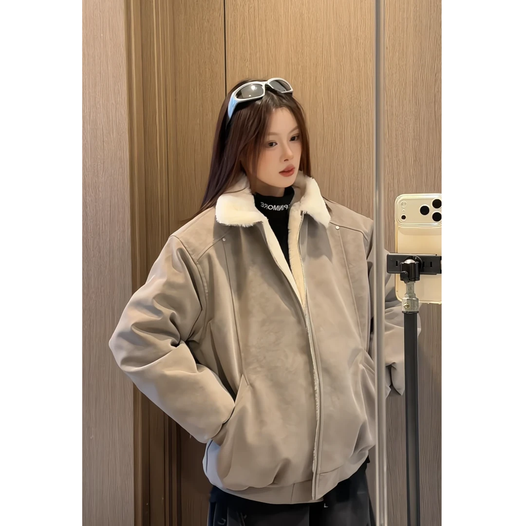 科宇2025冬季新款休闲翻领皮衣棉服外套百搭情侣保暖宽松加绒高级