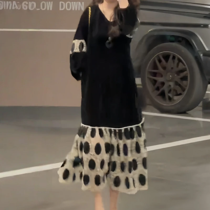 时尚复古拼接波点连衣裙女早秋设计感遮肉显瘦宽松大码女装长裙子