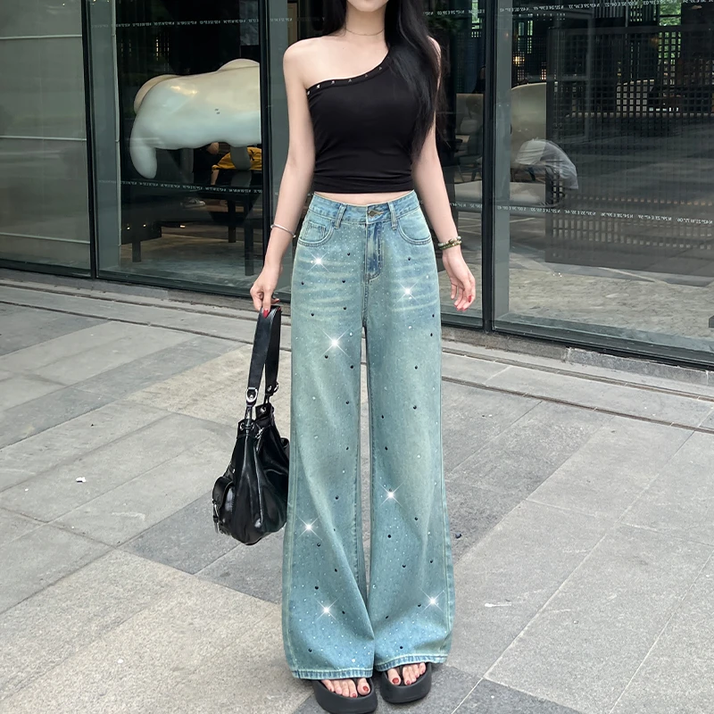 复古烫钻重工满天星直筒阔腿牛仔裤女秋季新款高腰宽松显瘦小微喇