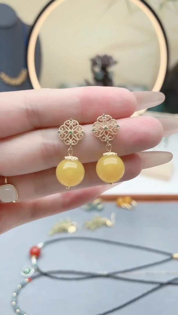 玛瑙/玉髓耳饰银S925镶嵌088黄色耳钉