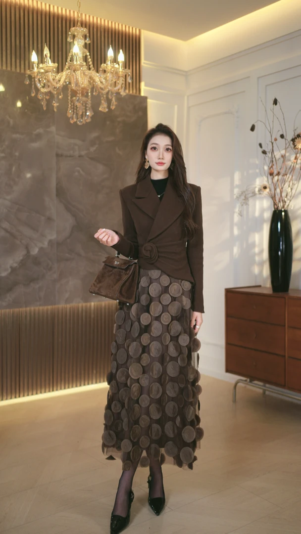 罗曼定制 原创设计气质收腰高腰西装连衣裙显瘦轻奢网纱裙冬季