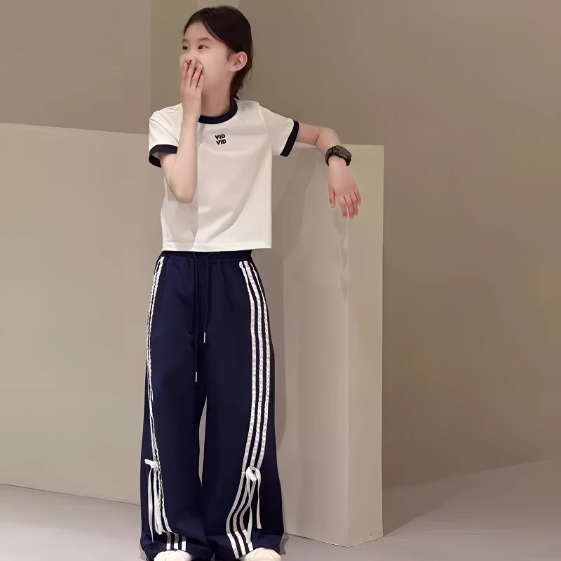 韩国童装2025女童时尚洋气时髦工装裤字母印花短袖t恤上衣两件套