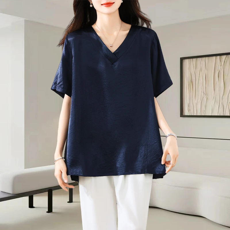蓝色V领缎面短袖t恤女2025夏季新款时尚大码宽松遮肉显瘦小衫上衣
