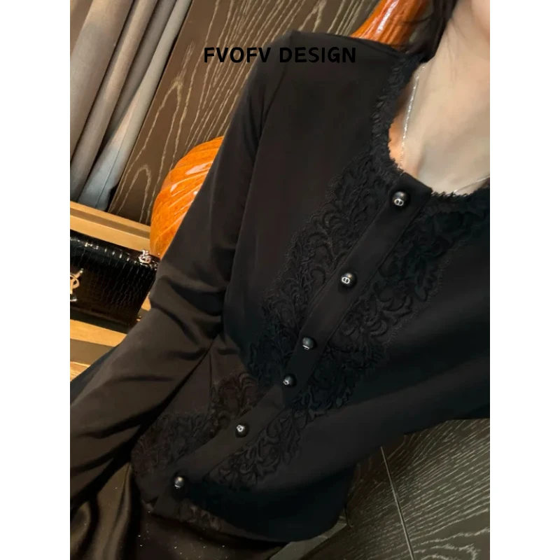 FVOFV【黑玫瑰】高端线！天丝+棉凉感透气长袖黑色蕾丝衫J0057