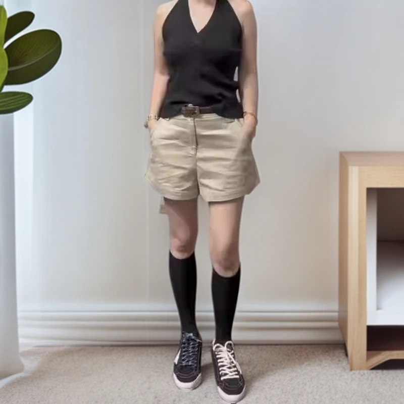 口袋高级感卡其色三分裤女2025夏季新款简约百搭质感通勤宽松短裤