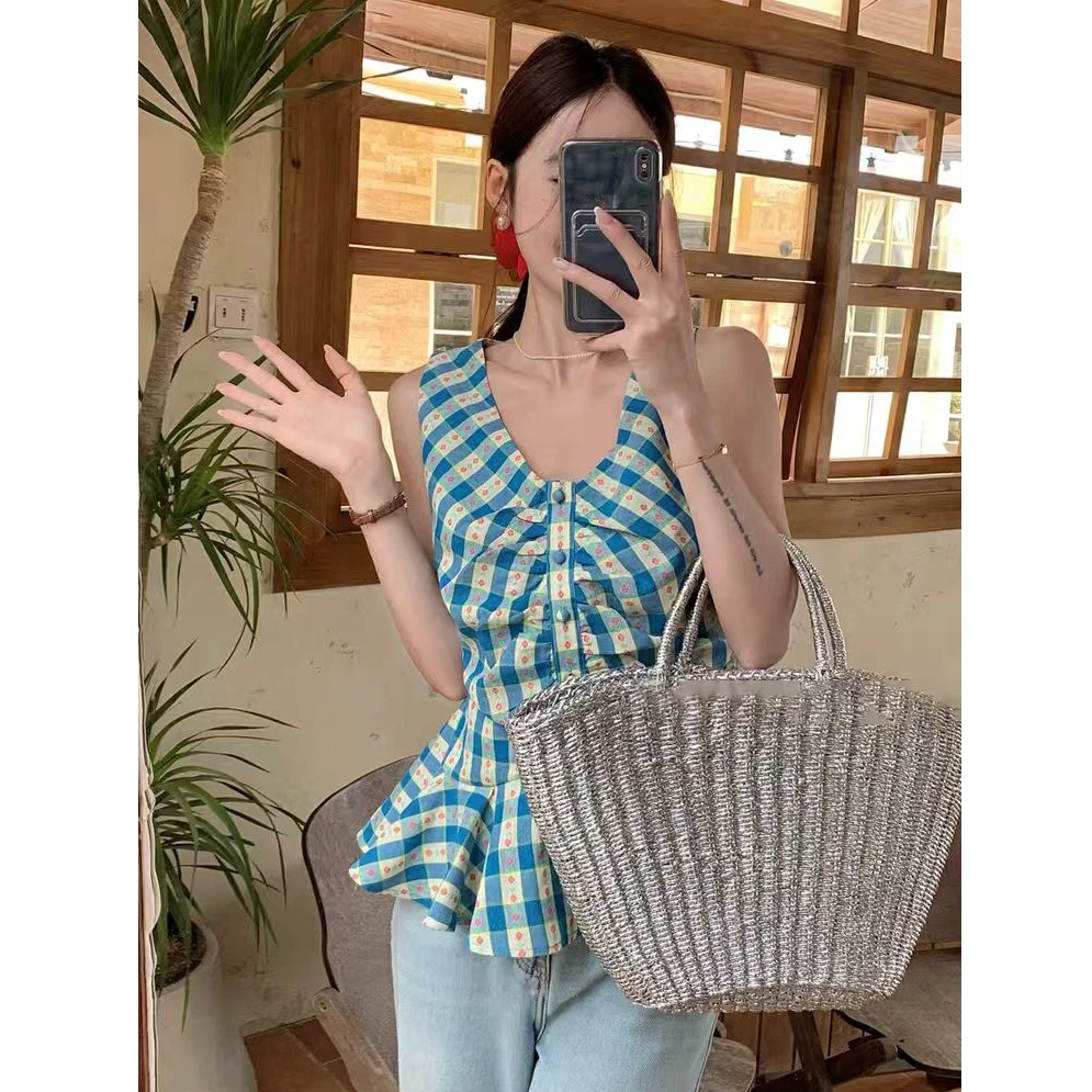 【全额运补】韩系v领格子背心无袖衬衫上衣夏洋气裙摆褶皱吊带小衫