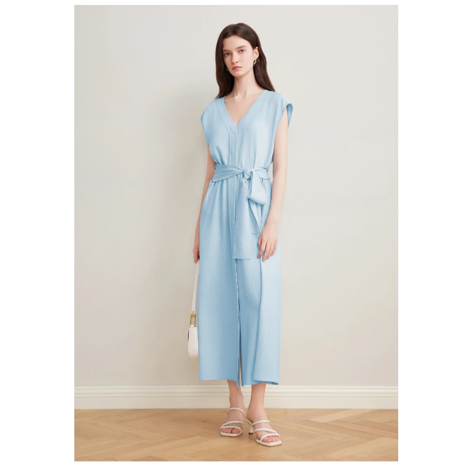 Goodland美地夏季新款收腰气质冰蓝复古时尚优雅连衣裙LC35205160