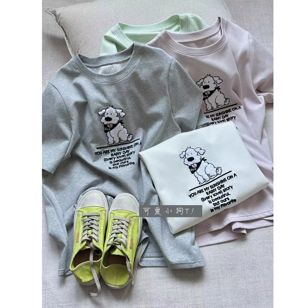 晶咕【吐舌头的修狗】胸前字母小狗图案宽松圆领短袖大版T恤