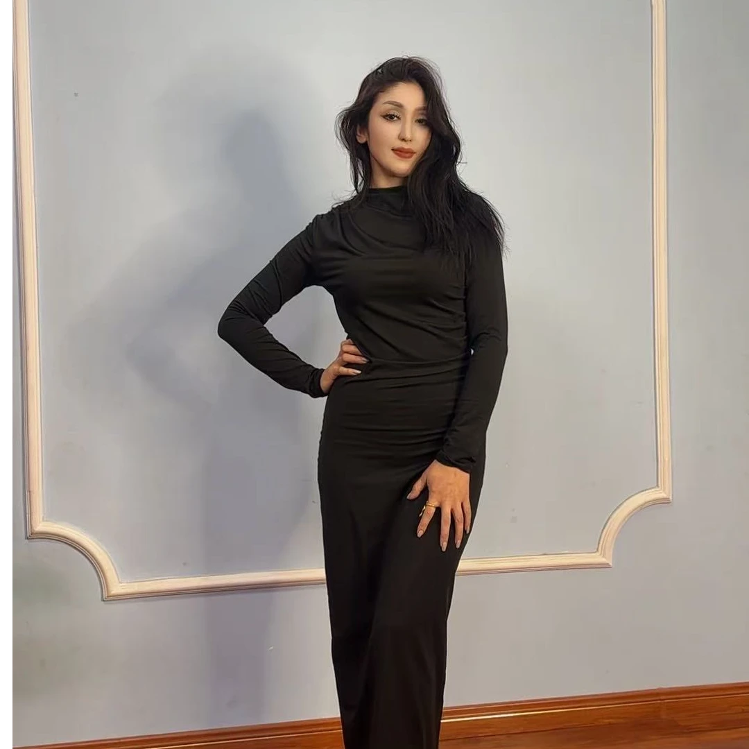 INS欧美风2025春季新款时尚圆领长袖修身包臀长裙纯色气质连衣裙