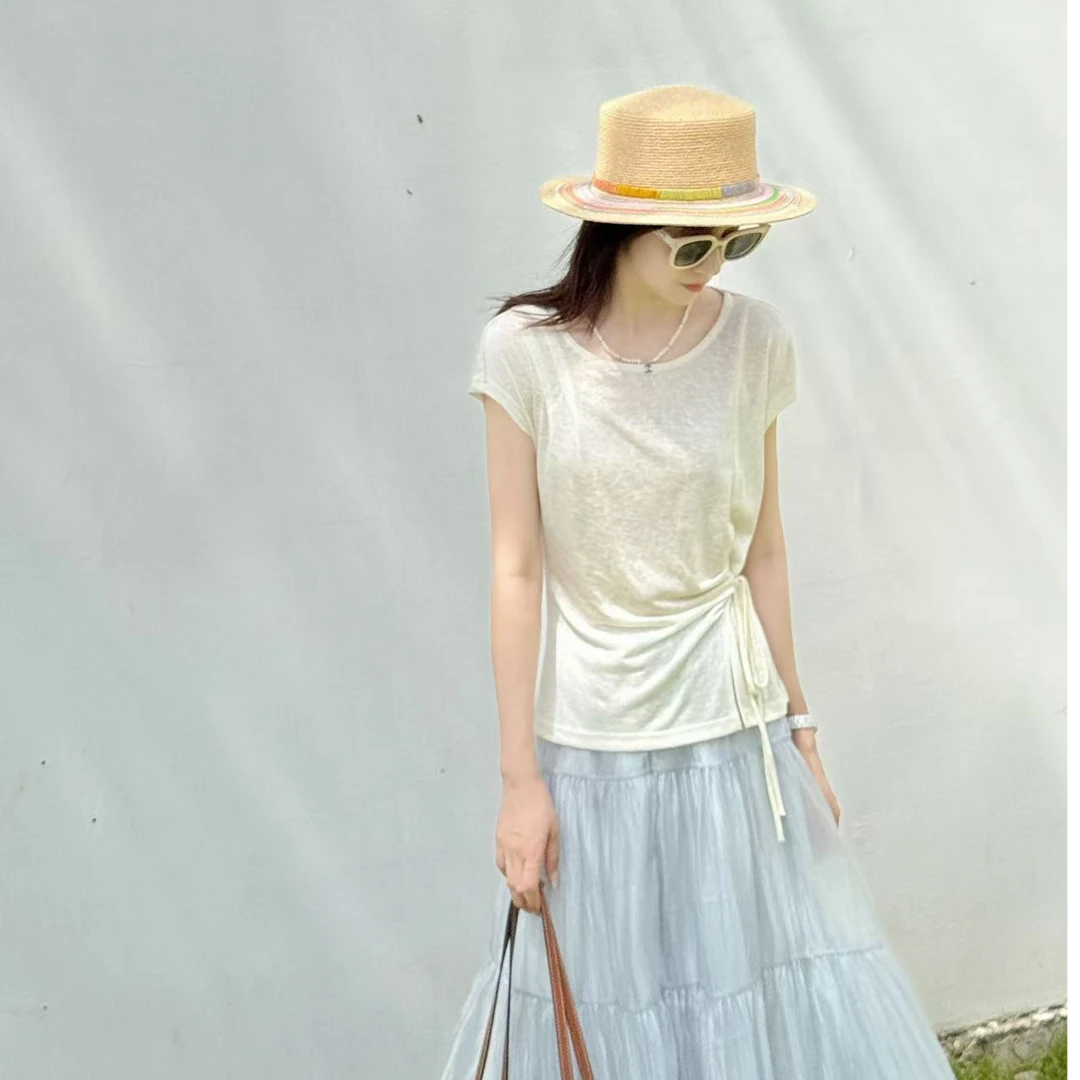 Y.M | 琥珀冰茶 天丝雪花肌理 捏褶设计款精致干飞飞短袖1387