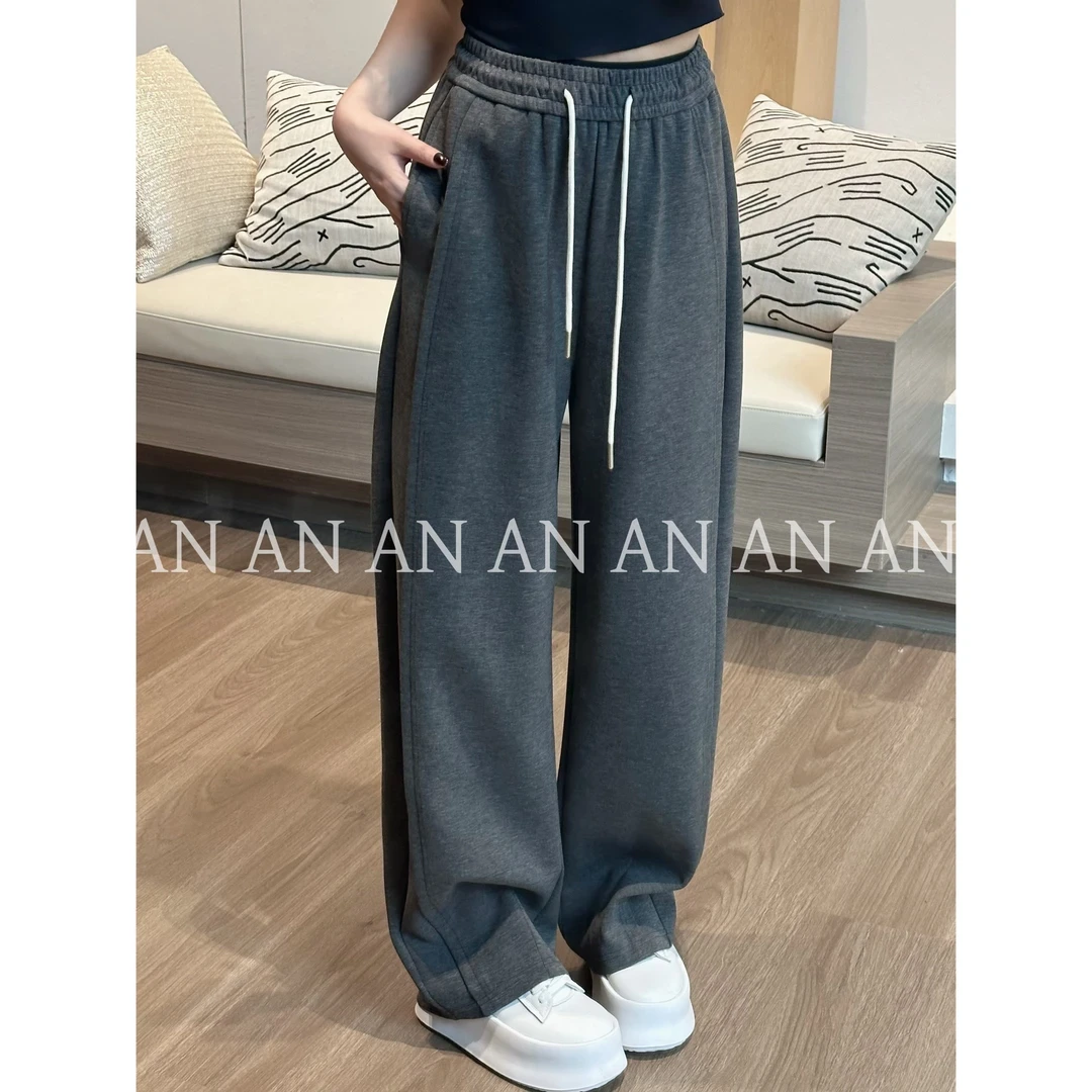 C08044秋季新款舒适简约松紧腰线条宽松运动阔腿卫裤休闲裤