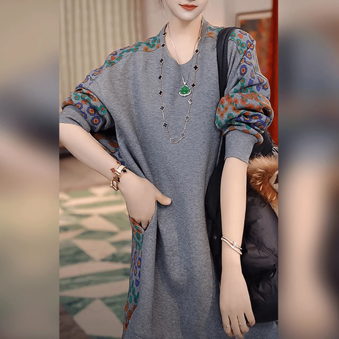 秋冬时髦印花长袖卫衣女宽松显瘦休闲百搭中长款加厚保暖T恤上衣