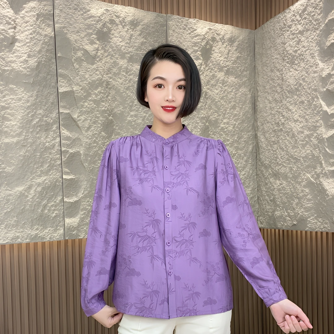 鑫杨新款高级时尚休闲轻奢减龄洋气立领提花宽松遮肉上衣