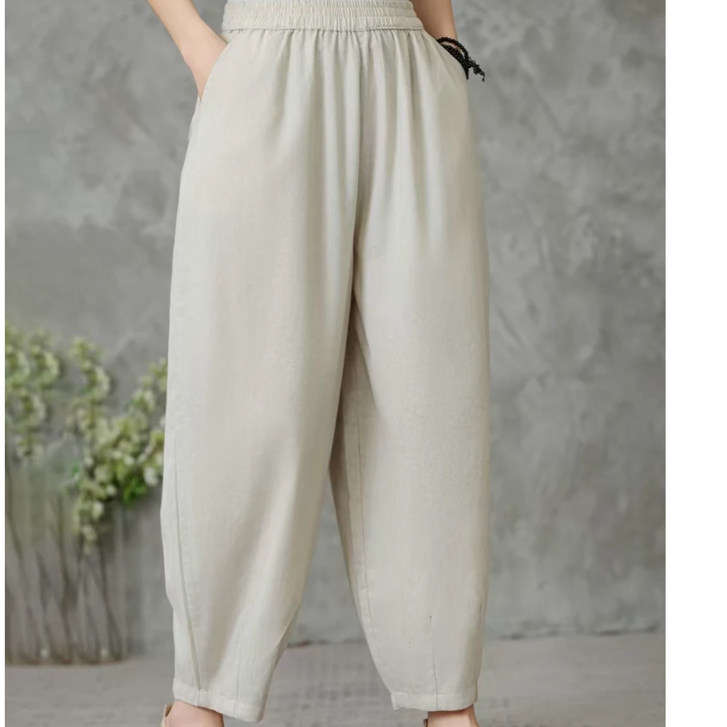 FWS-2025年早秋纯色白色亚麻哈伦裤休闲百搭宽松大码女裤显瘦