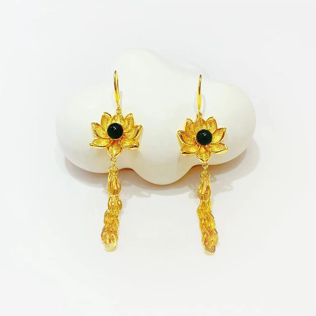 【唐糖甄选】古风优雅琥珀(蓝珀)合金莲花凤尾形镶嵌耳饰【YES17】