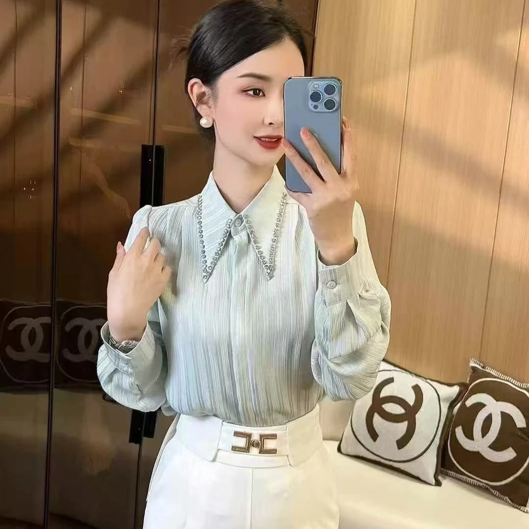 高级感翻领长袖雪纺衬衫女2025新款早春时尚法式洋气钉珠条纹上衣
