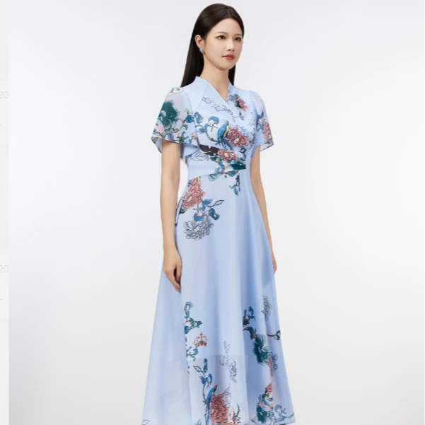 SUSSI/古色25年短袖印花夏季天蓝色印花连衣裙女装中国风收腰气质