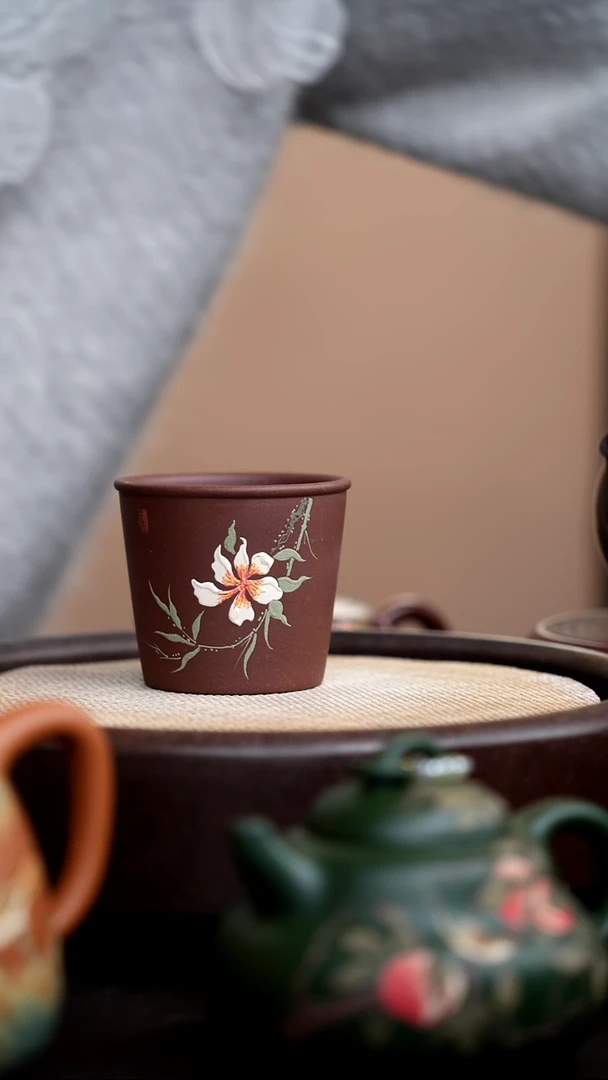 茶壶紫砂紫泥大直口杯栀子花