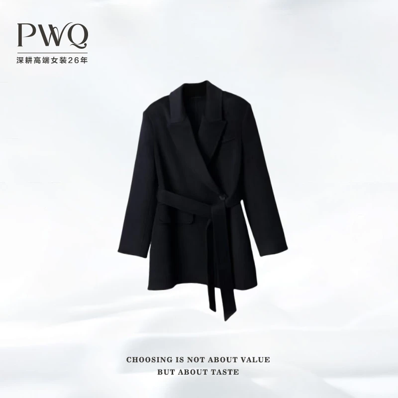 大衣外套短款戗驳领羊-绒不对称口袋系带法式7107