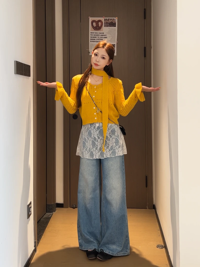 气质法式镂空长袖针织开衫女春季薄款设计感飘带毛衣z623