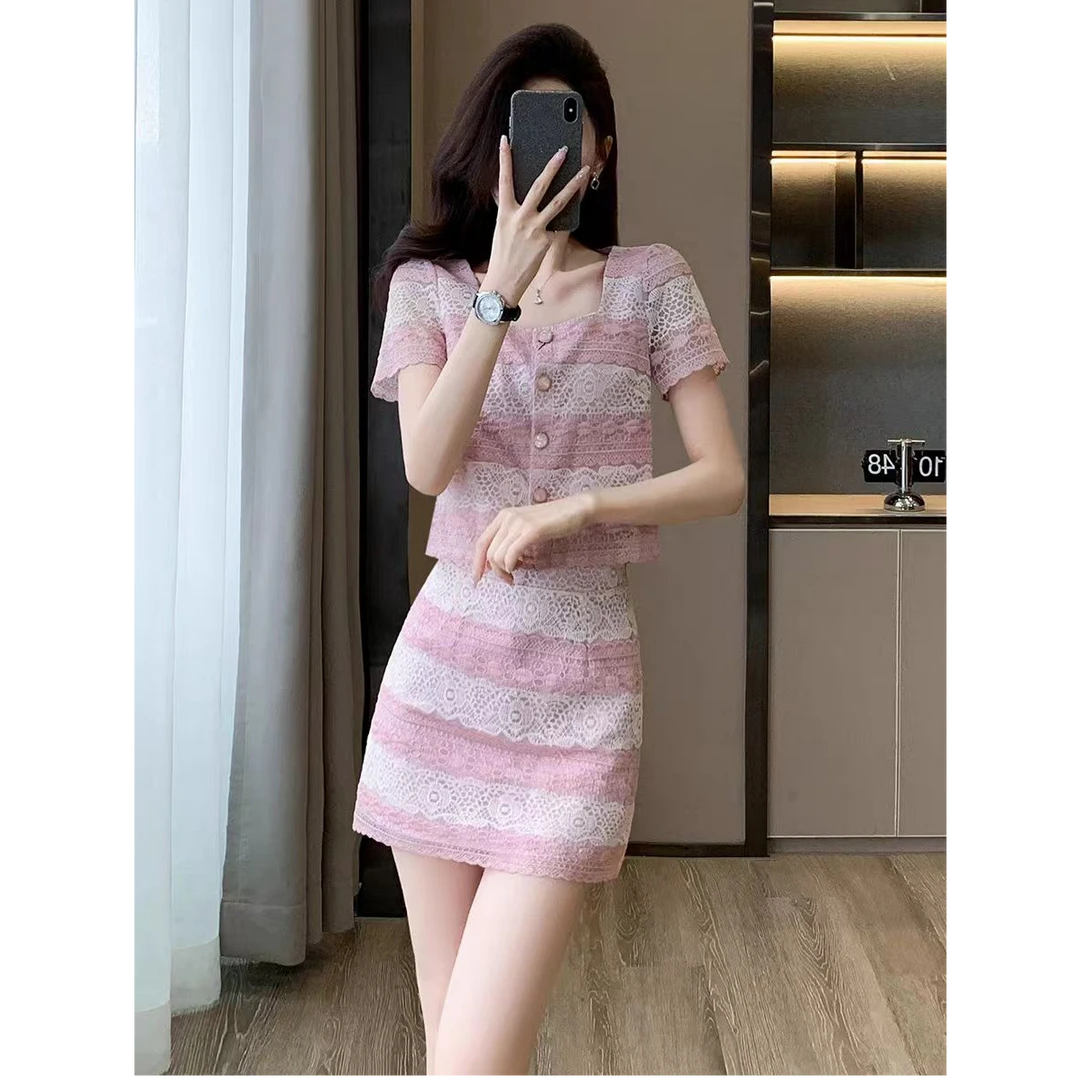 【13053】今年流行的套装裙女夏季漂亮法式小香风甜美蕾丝两件套