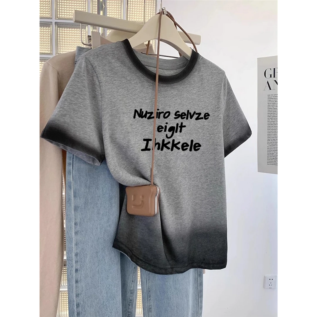 渐变色正肩t恤女短袖宽松2025夏季新款小个子百搭显瘦纯棉上衣ins