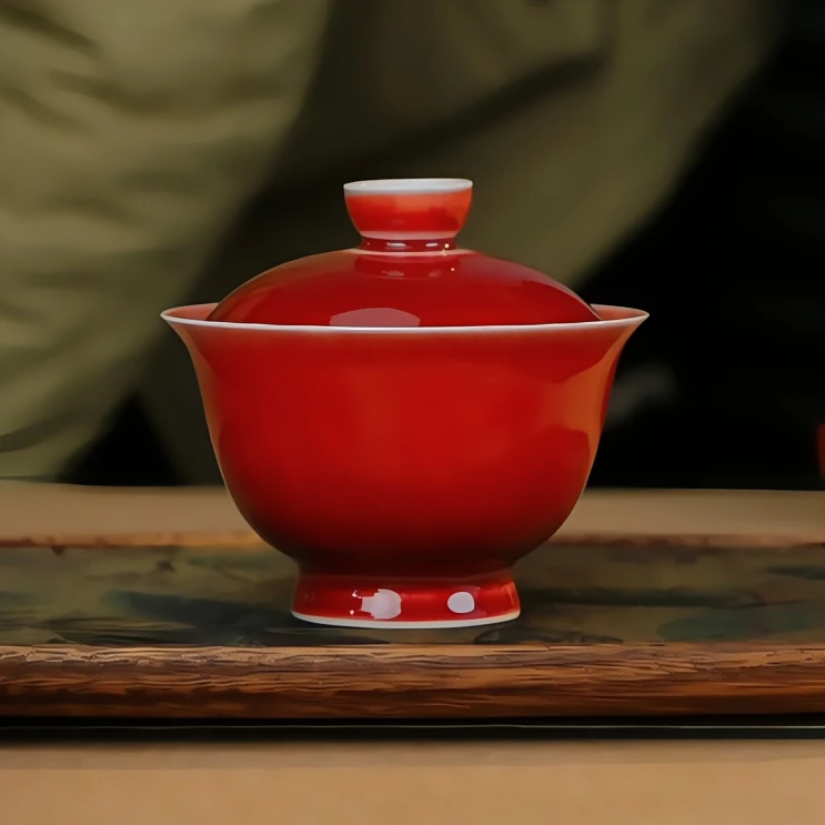 郎窑红釉盖碗手工
