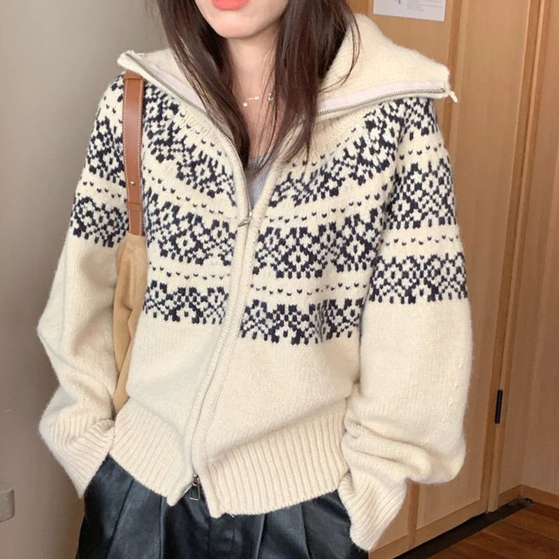 实体品质费尔岛提花毛衣开衫女秋冬复古双头拉链翻领针织外套上衣