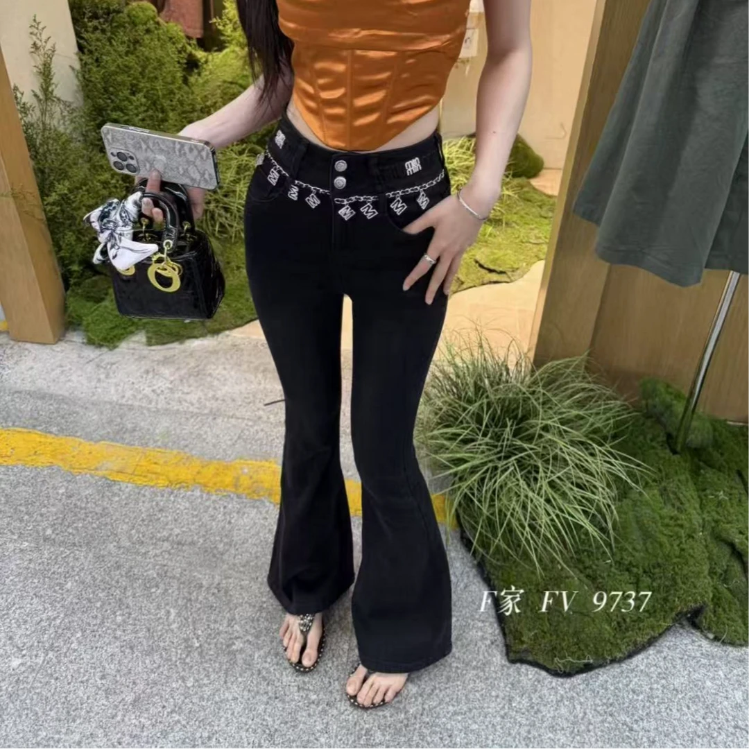 FV新款喇叭风高腰长裤轻职风牛仔裤修身开叉洋气显瘦百搭休闲洋气