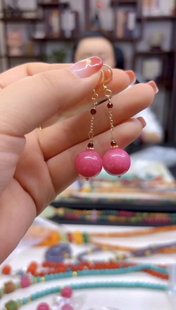 【闪购商品】菱锰矿（红纹石）耳坠14K金镶嵌E613