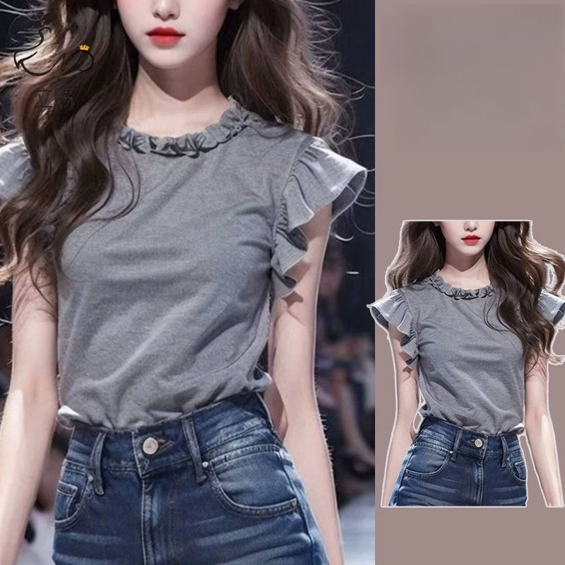 立赐夏装洋气漂亮独特上衣法式圆领百搭灰色小飞袖t恤女士夏季