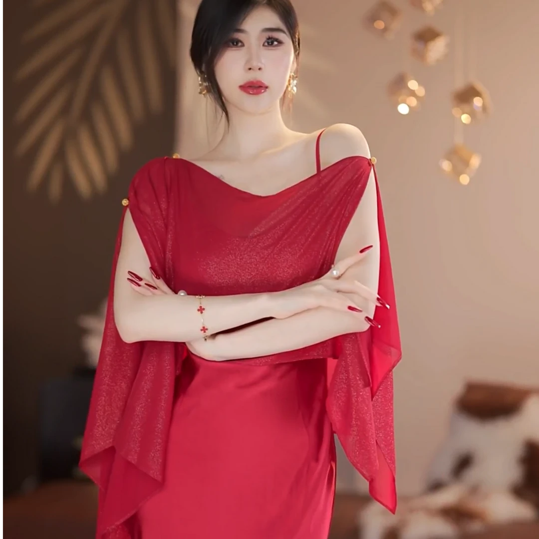 【火火】新款气质吊带网纱红色显飘逸修身连衣裙-DJ10145