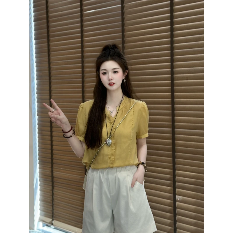 宿慕SUMU女装V领小衫2025新款6-14舒适百搭显瘦木耳边V领小衫209