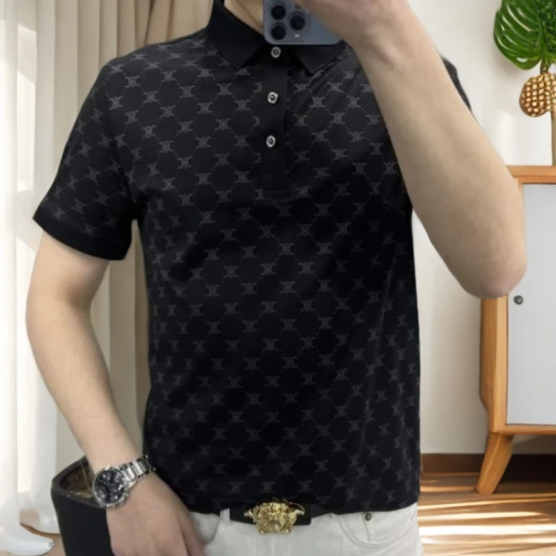 夏季新款满钻polo衫男款高舒适高品质感衣服轻奢翻领半袖百搭休闲