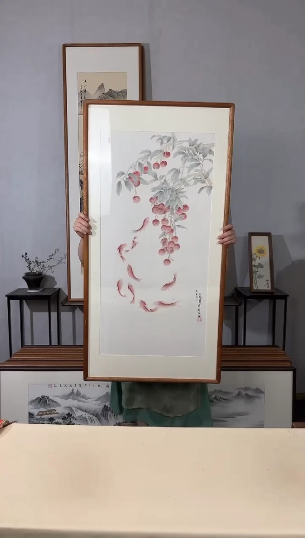 国画手绘*万事顺利（九鱼图）*62*122cm带框发货