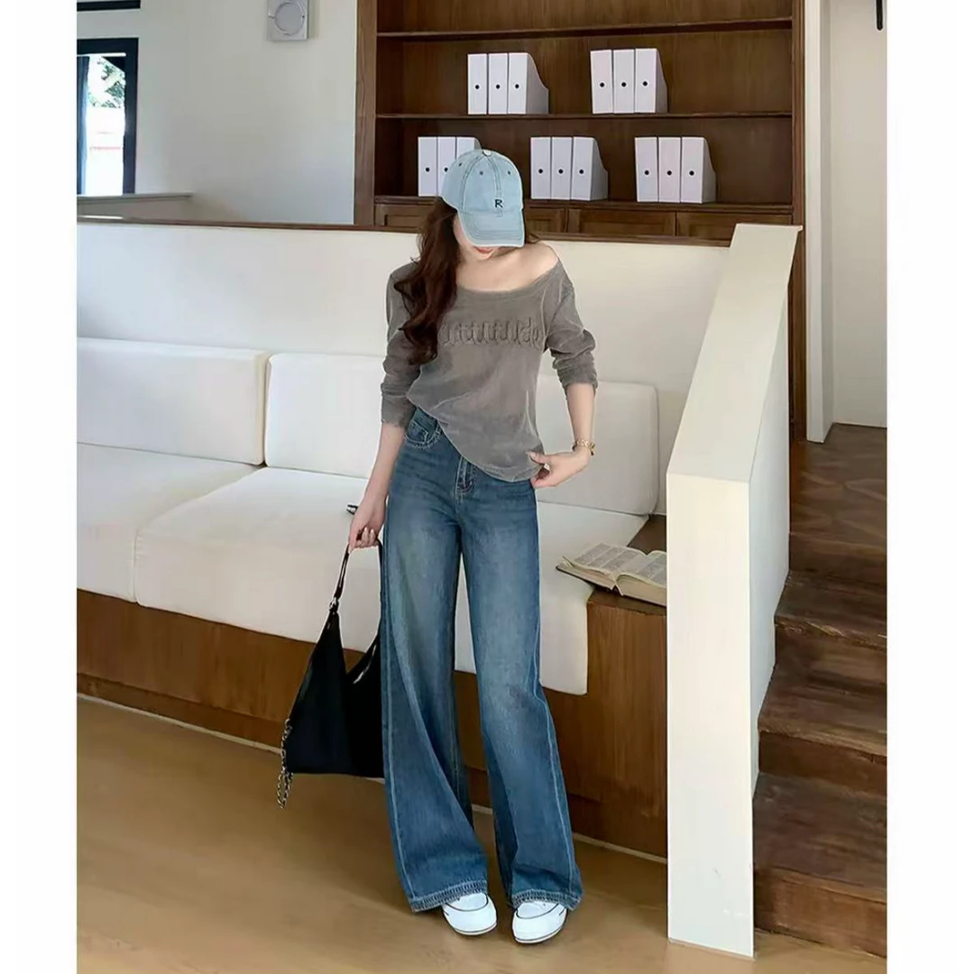 DUOXINIU/多喜牛同款DaLin早秋新款阔腿裤女高腰牛仔裤复古设计感