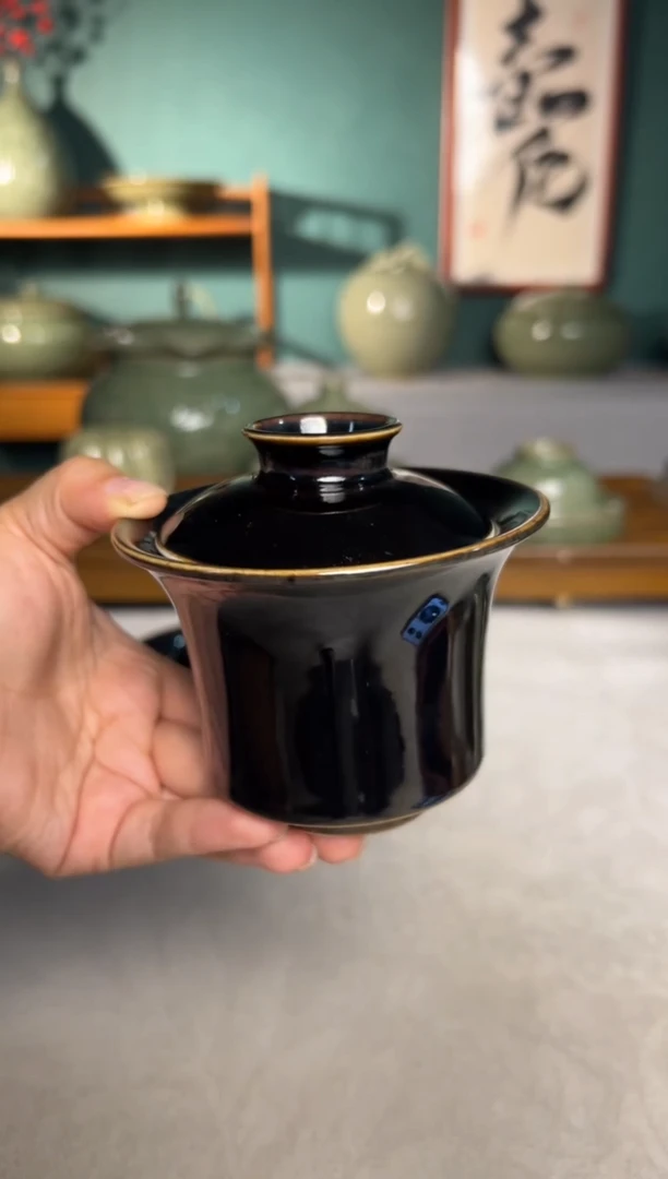 其他耀州窑原矿黒釉马蹄两财盖碗