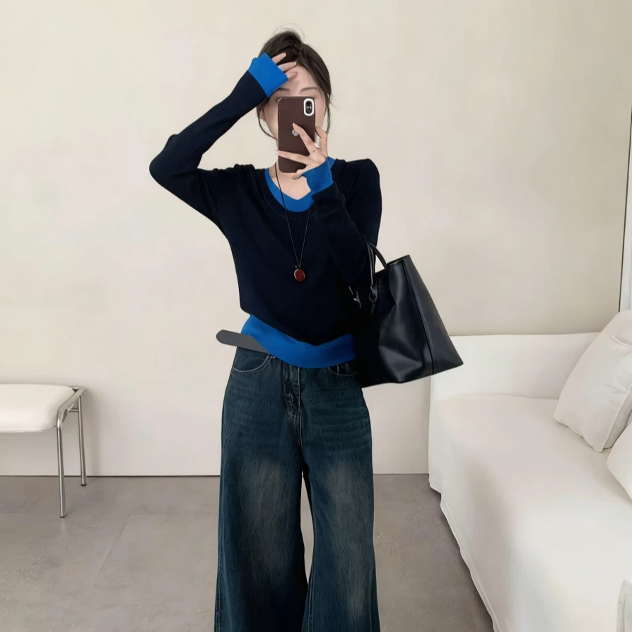 2025秋冬新款洋气韩系撞色T恤V领女高级感内搭修身显瘦长袖9123#