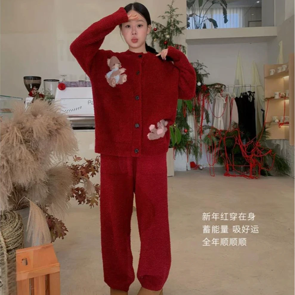 赵露丝luse明星同款半边绒饼干小熊开衫甜美半边绒睡衣居家保暖