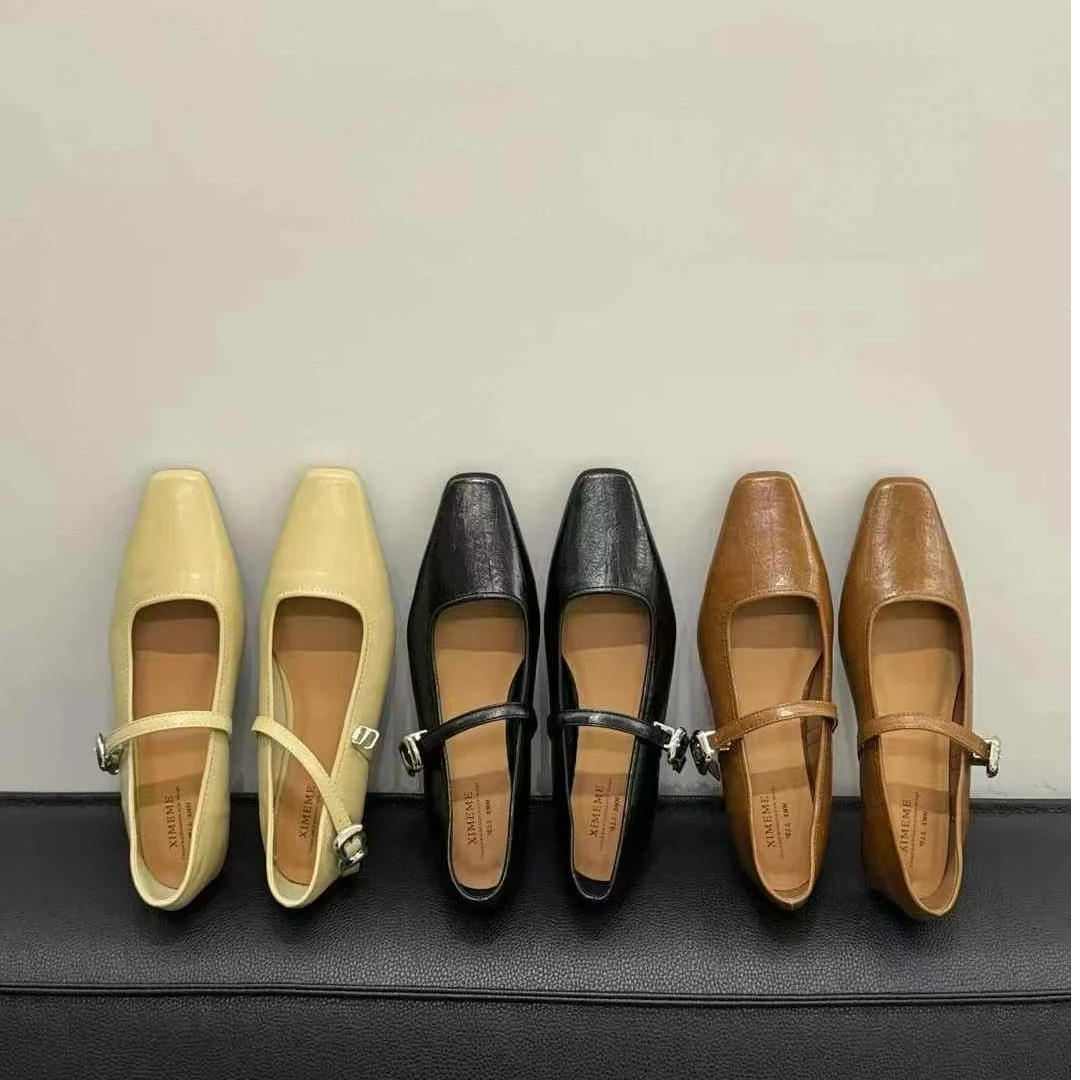 高级感方头一字扣带玛丽珍小皮鞋法式平底单鞋191-2