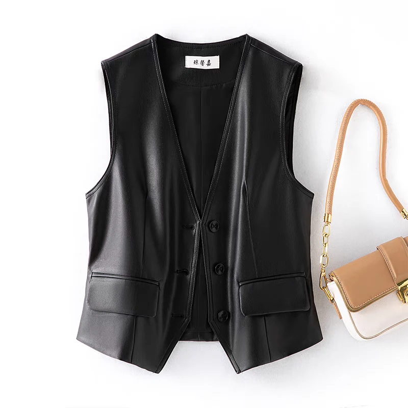 PU皮马甲女款背心2025年春秋新款上衣设计感复古百搭V领无袖坎肩