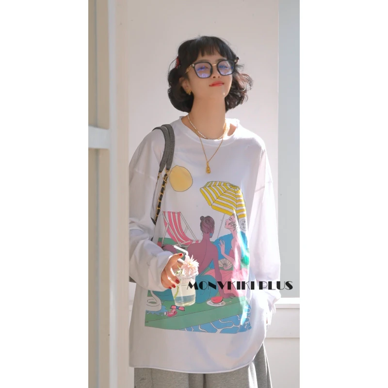 MoNvKiKiPlus2“海边探戈“新疆棉100%百搭印花宽松休闲t恤#1001