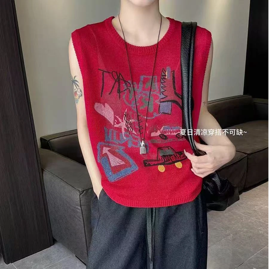 2025夏季新款韩版时尚卡通提花无袖背心针织衫女设计感显瘦上衣