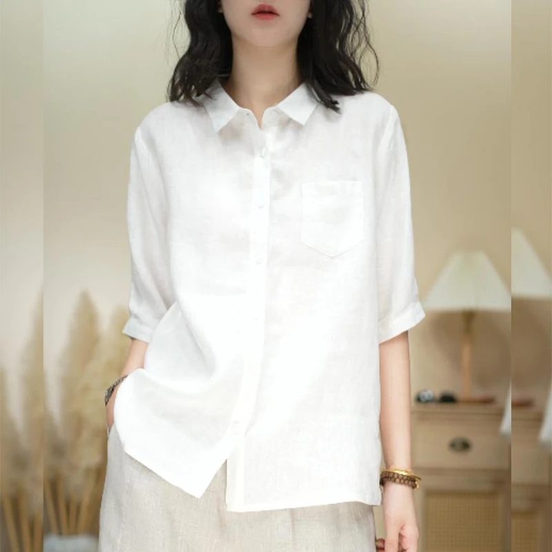 纯色休闲百搭短袖衬衫2025年夏季新款宽松显瘦简约翻领文艺风衬衫