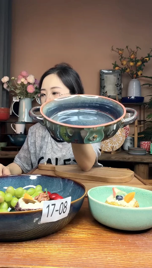 陶瓷8英寸双耳汤盘子 微瑕疵