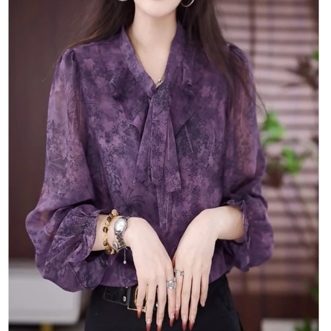 【现货+运补】8色初秋长袖衬衣印花系带套头修身衬衫打底衫时尚0202